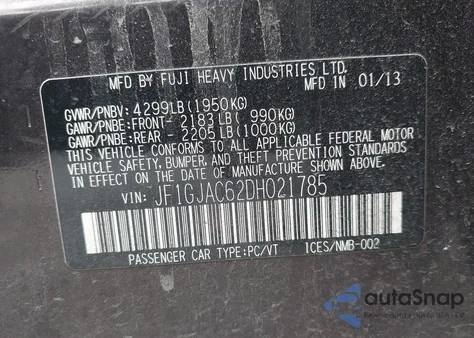 2013 Subaru Impreza 2.0I Premium from USA, damaged, VIN JF1GJAC62DH021785